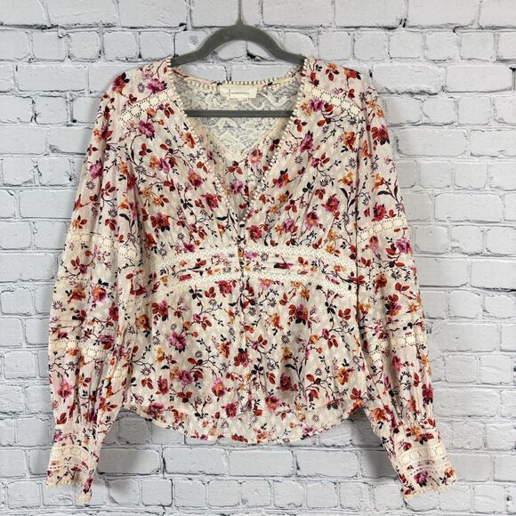 Anthropologie Puff Sleeved Lace Buttondown Top Blouse Multi Floral Boho - Picture 4 of 16
